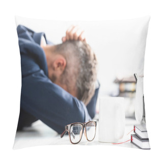 Personality  Eyeglasses And Cup On Table Near Overworked Businessman In Office On Blurred Background   Pillow Covers