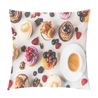 Personality  Flat Lay With Cup Of Coffee, Sweet Cupcakes, Berries, Chocolate Pieces And Hazelnuts Isolated On White Pillow Covers