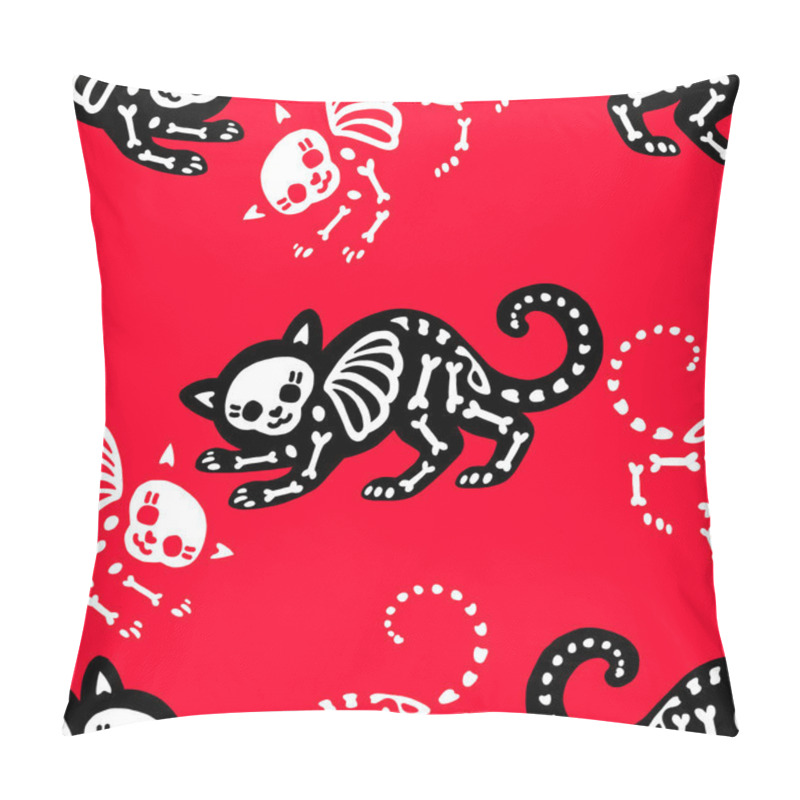 Personality  Seamless pattern. Skeletons of cats isolated on red background. Can be used for t-shirt print, poster, card. Ideal for Halloween, the Day of the Dead and more. pillow covers