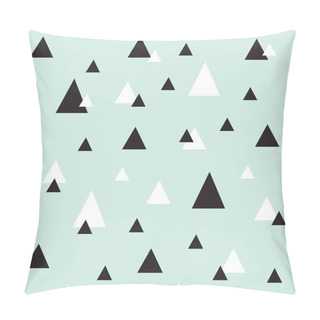 Personality  Seamless Geometric Pattern With A Triangle. White And Black Triangles Of Different Sizes Scattered On A Neo-mint Background. A Modern Design Ready For Printing Or For A Website. Neo Mint Illustration. Pillow Covers