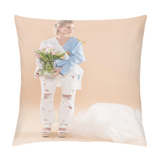 Personality  Beautiful Yound Woman Standing With Butterflies On Eco Clothing And Holding Glass Vase With Flowers On Beige Background, Environmental Saving Concept Pillow Covers