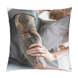 Personality  Selective Focus Of Woman Touching Hand Oh Tattooed Boyfriend At Home  Pillow Covers