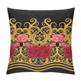 Personality  Seamless Pattern. Golden Textured Curls. Oriental Style Arabesques. Brilliant Lace, Stylized Flowers. Openwork Weaving Delicate, Golden Background, Composition, Garland Of Red Roses. Pillow Covers