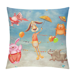 Personality  Cute Animals Flying  In  The Sky. Illustration Art Pillow Covers