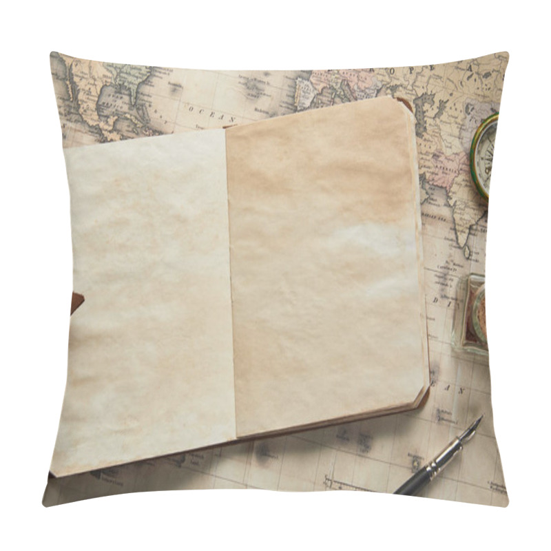 Personality  top view of vintage blank notebook with fountain pen near compass on map background pillow covers