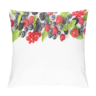 Personality  Wild Berries And Mint Leaves On A White Background Top View. Blueberries, Raspberries, Strawberries, Currants, Blackberries Pillow Covers