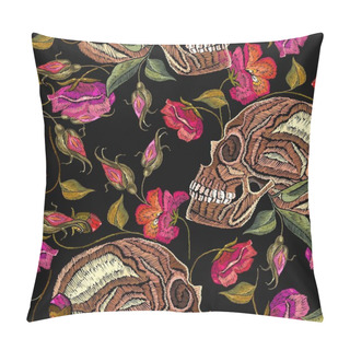 Personality  Embroidery Skull And Flowers Seamless Pattern. Fashion Template Pillow Covers
