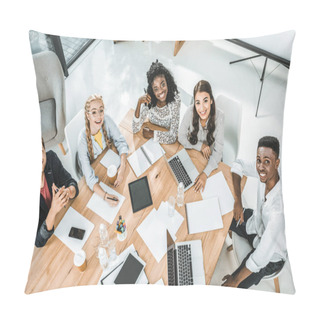 Personality  High Angle View Of Young Business Team Looking At Camera During Business Conference In Office Pillow Covers