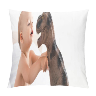 Personality  Panoramic Shot Of Cute Little Child Playing With Brown Dinosaur In White Room Pillow Covers