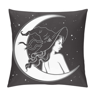 Personality  Beautiful Brunette Witch In Pointy Hat Line Art And Dot Work. Boho Chic Tattoo, Poster, Tapestry Or Altar Veil Print Design Vector Illustration Pillow Covers