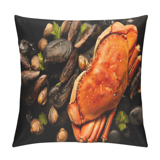 Personality  Top View Of Uncooked Crab, Cockles And Mussels With Greenery On Stones Near Scattered Ice Cubes Isolated On Black Pillow Covers