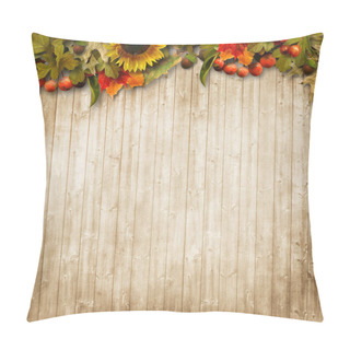 Personality  Wooden Grunge Background With A Beautiful Border Of Autumn Leaves And Berries. With Place For Photo And Text Pillow Covers
