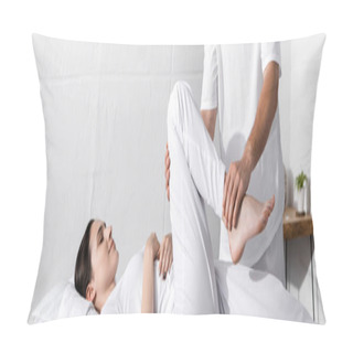 Personality  Panoramic Shot Of Masseur Standing Near Woman And Touching Her Leg Pillow Covers