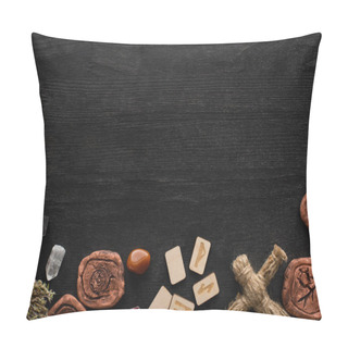 Personality  Top View Of Shamanic Amulets, Doll And Runes On Black Wooden Background Pillow Covers