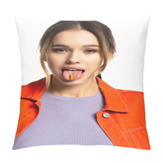 Personality  Young Woman Sticking Out Tongue With Capsule Isolated On White  Pillow Covers