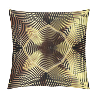 Personality  Gold Luxury 3d Abstract Vector Seamless Pattern. Ornamental Radial Shapes Background. Fractal Line Art Tracery Surface Ornament. Textured Geometric Repeat Backdrop. Modern Striped Floral 3d Design. Pillow Covers