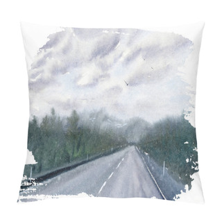 Personality  Hand Drawn Watercolor Landscape With Road, Sky And Forest Pillow Covers