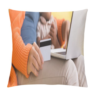 Personality  Partial View Of African American Mother Holding Credit Card And Using Laptop Near Toddler Daughter, Banner Pillow Covers
