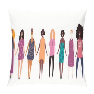 Personality  Hand Drawn Vector Illustration Of Diverse Modern Girls Together. Concept Of Feminism, Women Day Card, Female Cartoon Characters. Pillow Covers