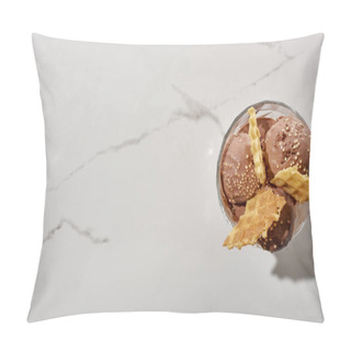 Personality  Top View Of Delicious Chocolate Ice Cream In Bowl With Waffles On Marble Grey Background Pillow Covers