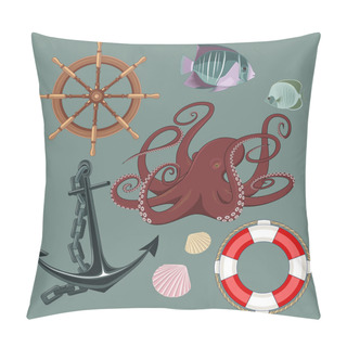 Personality  Set Of Vector Images Octopus, Seashells, Anchor, Fish, Lifebuoy, Steering Wheel. Pillow Covers