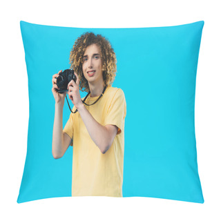 Personality  Smiling Curly Teenager Taking Picture On Film Camera Isolated On Blue Pillow Covers
