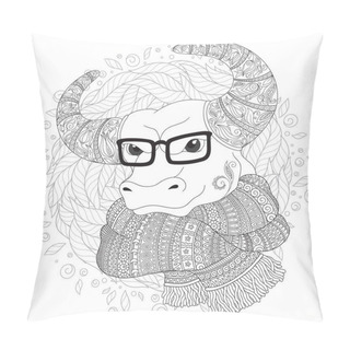 Personality  Hand Drawn Doodle Outline Cow Head Decorated With Ornaments. Bull In A Scarf And Glasses. Freehand Sketch For Adult Anti Stress Coloring Book Page With Doodle And Zentangle Elements. Pillow Covers