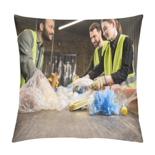 Personality  Plastic Trash On Conveyor And Blurred Multiethnic Workers In Safety Vests And Gloves Working Together At Background In Waste Disposal Station, Recycling Concept Pillow Covers