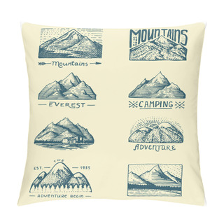 Personality  Set Of 8 Different Badges With Mountains, Engraved, Hand Drawn Or Sketch Style Include Logos For Camping, Hiking. Vintage, Old Looking Pillow Covers