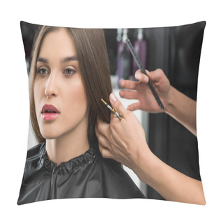 Personality  Stylist Cutting Hair Of Woman Pillow Covers