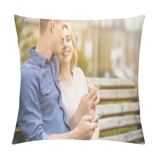 Personality  Male And Female Sitting On Bench With Mobile Phones, Smiling And Having Fun Pillow Covers