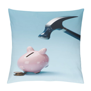 Personality  Close Up View Of Pink Piggy Bank With Stack Of Coins And Hammer Isolated On Blue Pillow Covers