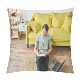 Personality  Smiling Guy With Headphones And Laptop On Floor Near Yellow Couch Studying And Writing In Note Pillow Covers