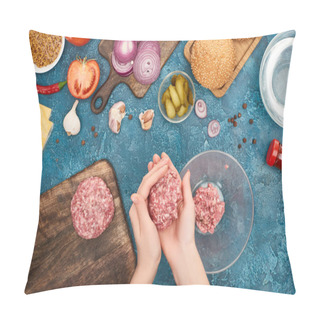 Personality  Top View Of Woman Making Cutlets For Fresh Burgers Near Ingredients On Blue Textured Surface Pillow Covers