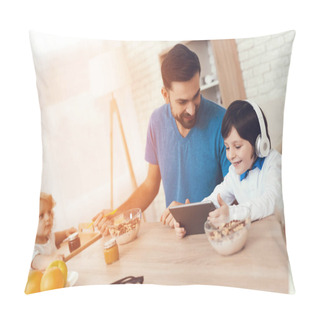 Personality  A Man Spends Time With His Sons. The Father Of Two Boys Is Engaged In Raising Children. Father Feeds His Son. Children Have Breakfast With Their Father. Pillow Covers