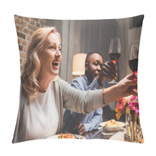 Personality  Selective Focus Of Smiling Multicultural Friends Clinking During Dinner  Pillow Covers