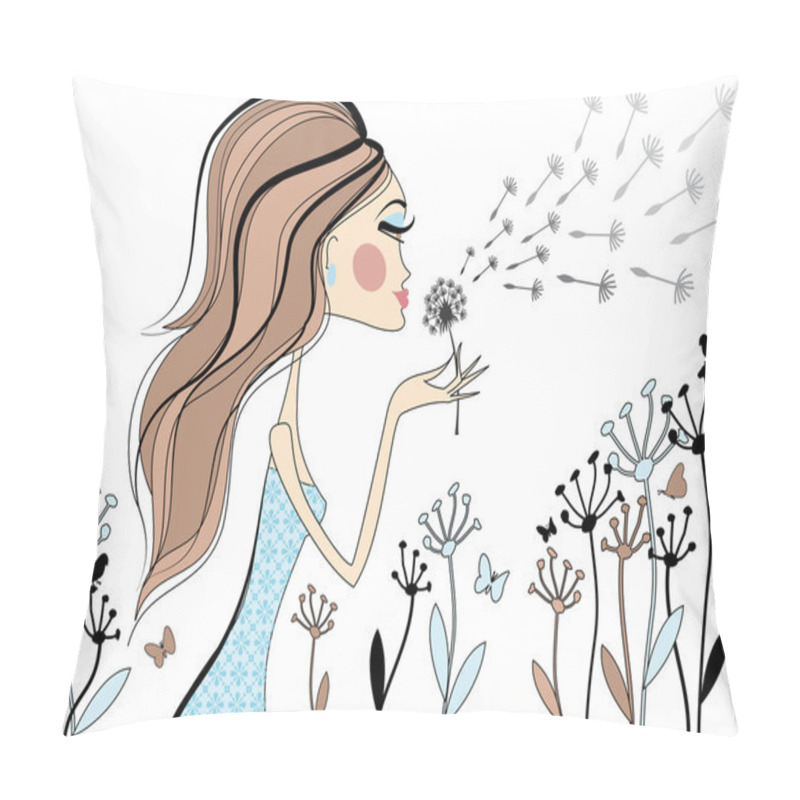 Personality  Woman With Dandelion, Vector Pillow Covers