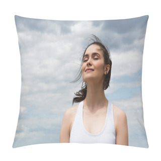 Personality  Young Pleased Woman In Crop Top Against Blue Sky With Clouds  Pillow Covers