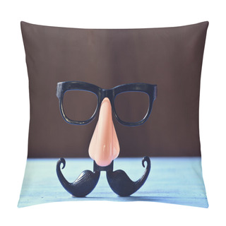 Personality  Fake Mustache, Nose And Eyeglasses On A Blue Surface Pillow Covers