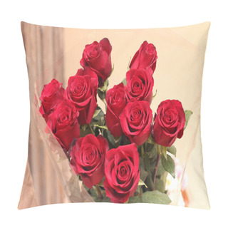 Personality  Bouquet Of Red Roses. Valentines Day, Love. A Bouquet Of 11 Flowers In Transparent Packaging. Pillow Covers