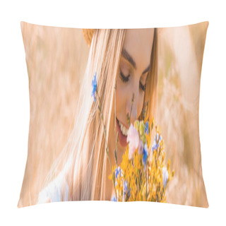 Personality  Selective Focus Of Sensual Woman In Straw Hat Smelling Bouquet Of Wildflowers In Field, Horizontal Concept Pillow Covers