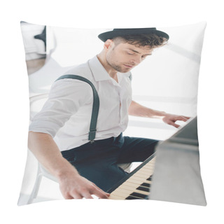 Personality  Handsome Pianist In White Shirt And Black Hat Playing Piano  Pillow Covers