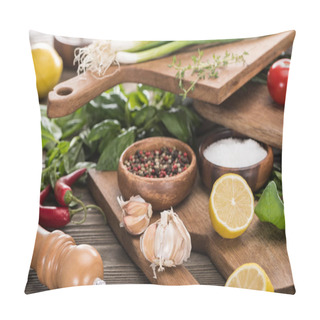 Personality  Selective Focus Of Green Onion, Cutting Boards, Lemons, Chili Peppers, Salt Mill, Salt, Spices, Greenery And Garlics   Pillow Covers