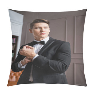 Personality  Man In Formal Wear Adjusting Sleeve Of Jacket At Home  Pillow Covers