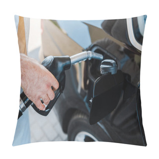 Personality  Cropped View Of Man Holding Fuel Pump And Refueling Black Car At Gas Station  Pillow Covers