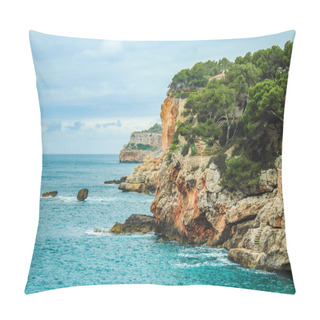 Personality  Cala Santanyi - Beautiful Scenery With Houses On Cliffs In Santanyi, Mallorca, Spain Pillow Covers