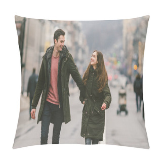 Personality  Young Couple, Heterosexual Boy And Girl Of Caucasian Nationality, Loving Couple, Walk Around The Center Of Country Of European City In The Middle Of Road On Divided Lane. Love And Romance Theme. Pillow Covers