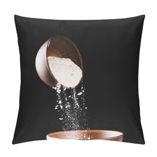 Personality  Bowl With Falling Flour Into Another Bowl Isolated On Black Pillow Covers
