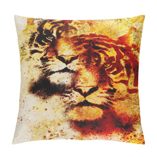 Personality  Tiger Collage On Color Abstract  Background And Mandala With Ornament , Wildlife Animals. Pillow Covers