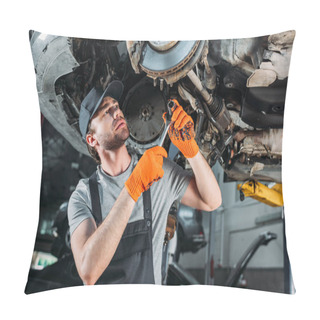 Personality  Mechanic Repairing Car Without Wheel In Workshop Pillow Covers